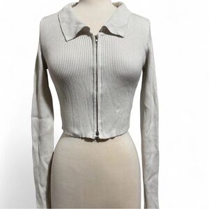 White Ribbed Long Sleeve 2 way Zip Cropped Shirt